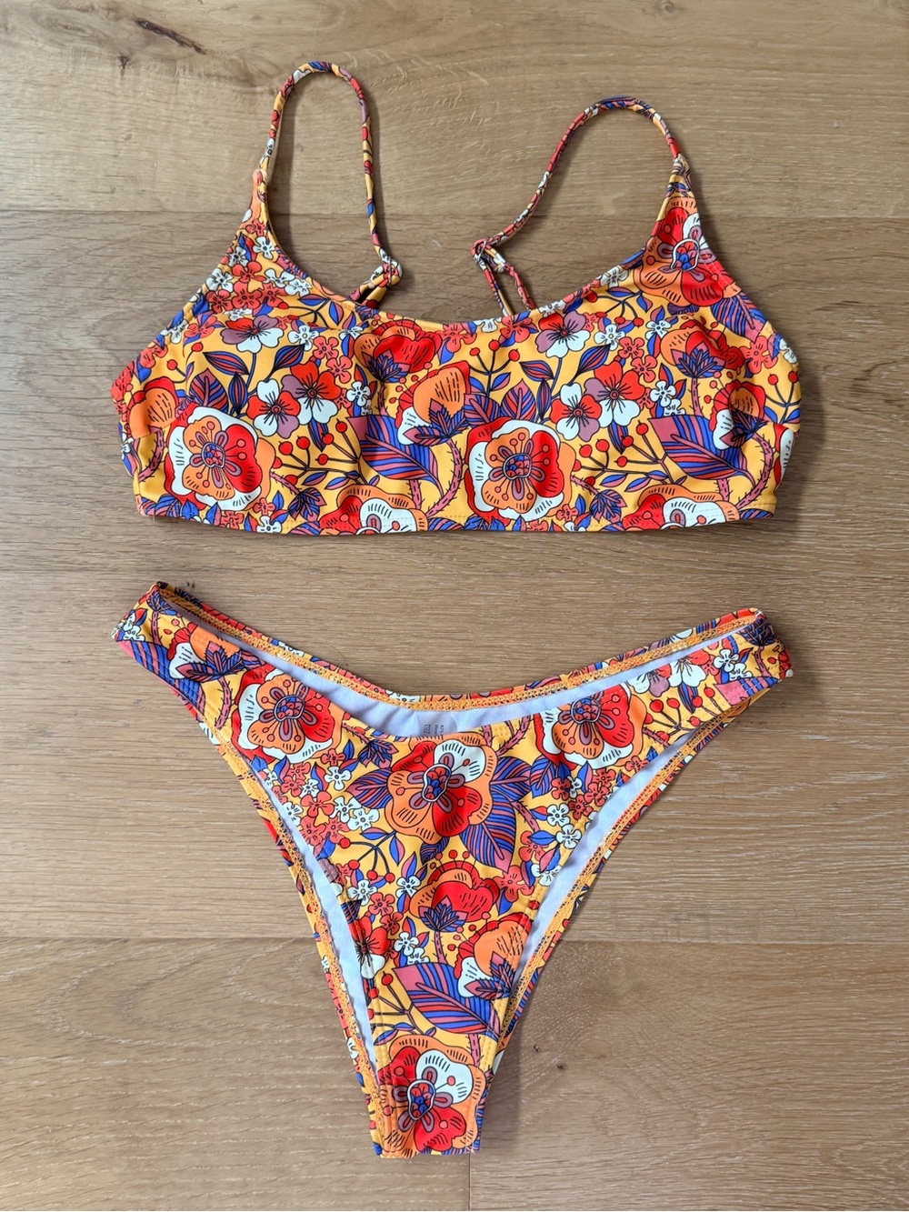 Retro 70s Inspired Floral Bikini Set Bralette Top High Cut Bottom Orange Yellow